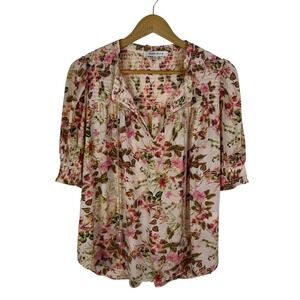 Rose + Olive Floral Smocked Peasant Blouse Medium Lightweight Boho‎ Tassel Tie